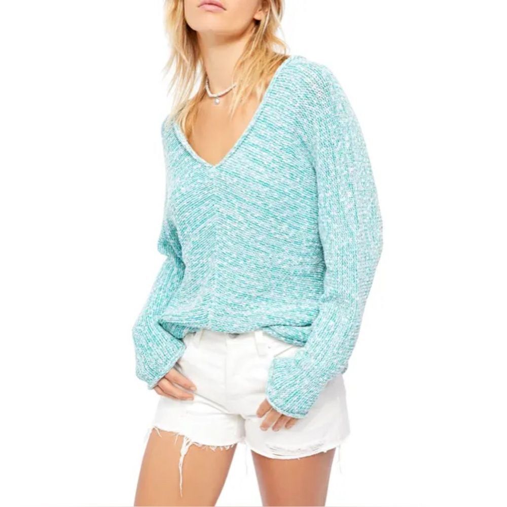 NWT Free People Light Teal Blue Turquoise V Neck ‘Bright Lights’ Knit Sweater